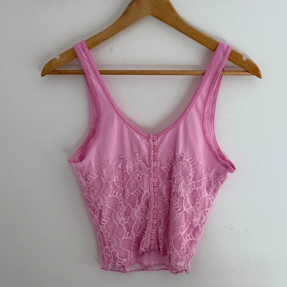 Free People Cosette Corset Tank button-up top with a floral lace overlay pink - Picture 1 of 16